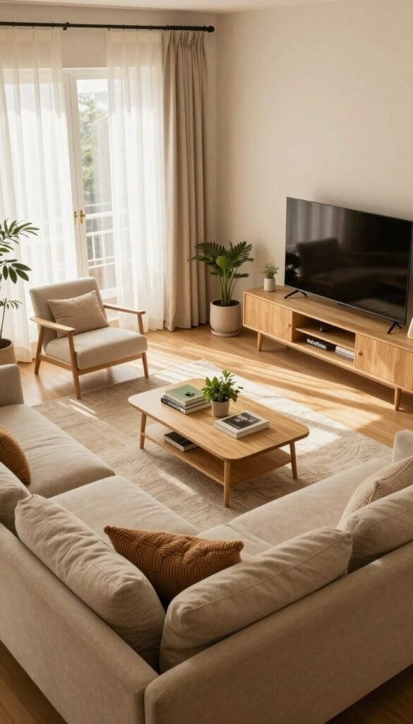 A cozy small living room designed with a focus on maximizing space and comfort. In the foreground, a stylish, contemporary sofa in warm beige with textured throw pillows. A coffee table with decorative books and a small plant sits at the center. The middle showcases a carefully arranged layout with a modern rug, accent chairs, and a compact entertainment unit. The background features soft, natural lighting streaming through a large window adorned with light, airy curtains, illuminating the warm wooden accents throughout the room. The overall atmosphere is inviting and homey, emphasizing a Pinterest-worthy aesthetic, showcasing the brand "WohnKiste." Capture this scene from a slightly elevated angle to enhance depth and visual appeal, ensuring authentic and warm colors dominate the palette.