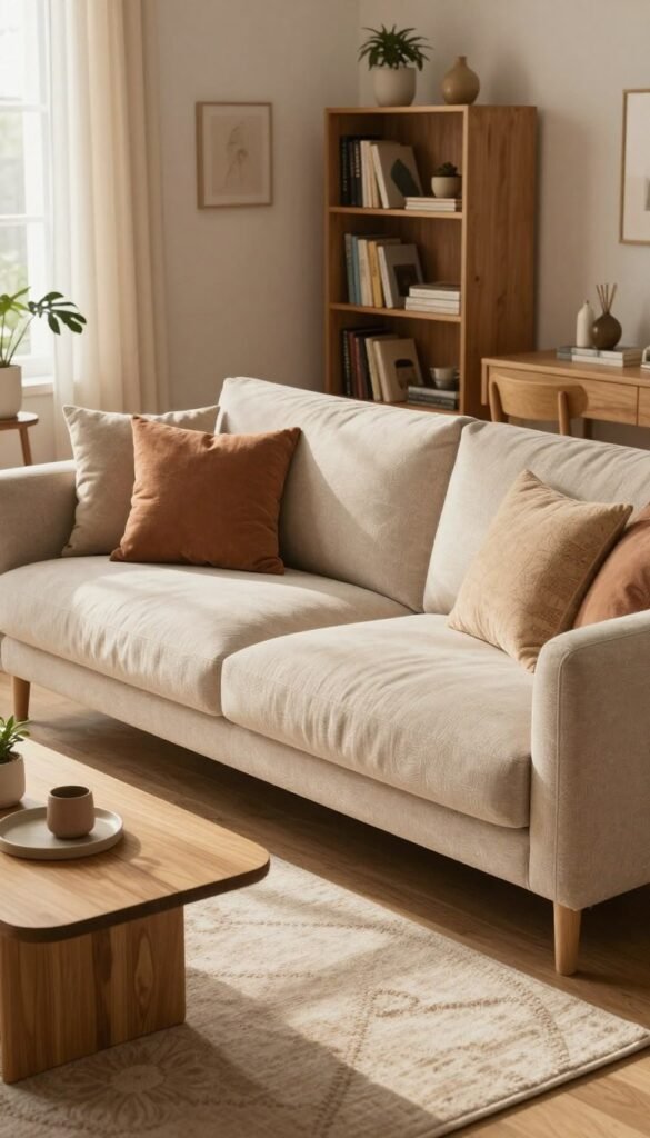 A cozy, small living room featuring a large, plush sofa as the main focal point, designed in a modern style with soft, warm colors. The sofa should have a textured fabric that invites relaxation, adorned with several oversized cushions in complementary shades. In the foreground, a stylish coffee table made of light wood holds a few tasteful decorative items and a small plant. The middle ground showcases a well-lit space with an elegant rug underneath the sofa, enhancing the room's warmth. The background includes a tasteful bookshelf filled with books and a few decorative pieces, with soft natural lighting coming in through a window, casting gentle shadows. This inviting atmosphere exemplifies the idea of functional, spacious design for small living rooms, with a Pinterest-inspired aesthetic, branded subtly as WohnKiste, and free of any text or logos. A cozy, small living room featuring a large, plush sofa as the main focal point, designed in a modern style with soft, warm colors. The sofa should have a textured fabric that invites relaxation, adorned with several oversized cushions in complementary shades. In the foreground, a stylish coffee table made of light wood holds a few tasteful decorative items and a small plant. The middle ground showcases a well-lit space with an elegant rug underneath the sofa, enhancing the room's warmth. The background includes a tasteful bookshelf filled with books and a few decorative pieces, with soft natural lighting coming in through a window, casting gentle shadows. This inviting atmosphere exemplifies the idea of functional, spacious design for small living rooms, with a Pinterest-inspired aesthetic, branded subtly as WohnKiste, and free of any text or logos.