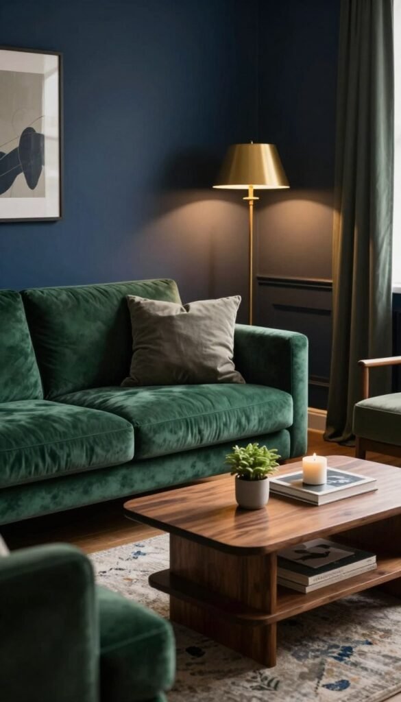A cozy, small living room featuring deep, dark colors to showcase an elegant yet inviting atmosphere. In the foreground, a stylish, plush sofa in a rich emerald green, adorned with soft, contrasting throw pillows. The middle area highlights a chic coffee table made of dark wood, with a few artful decor pieces like a small potted plant and a candle. In the background, walls painted in a warm, deep navy blue add depth, complemented by soft golden lighting illuminating the space from a vintage floor lamp. The scene captures a harmonious blend of sophistication and comfort, creating a Pinterest-worthy aesthetic. Focus on a natural, authentic look that reflects the essence of "Wohnkiste," presenting a serene yet dynamic space perfect for small living rooms.