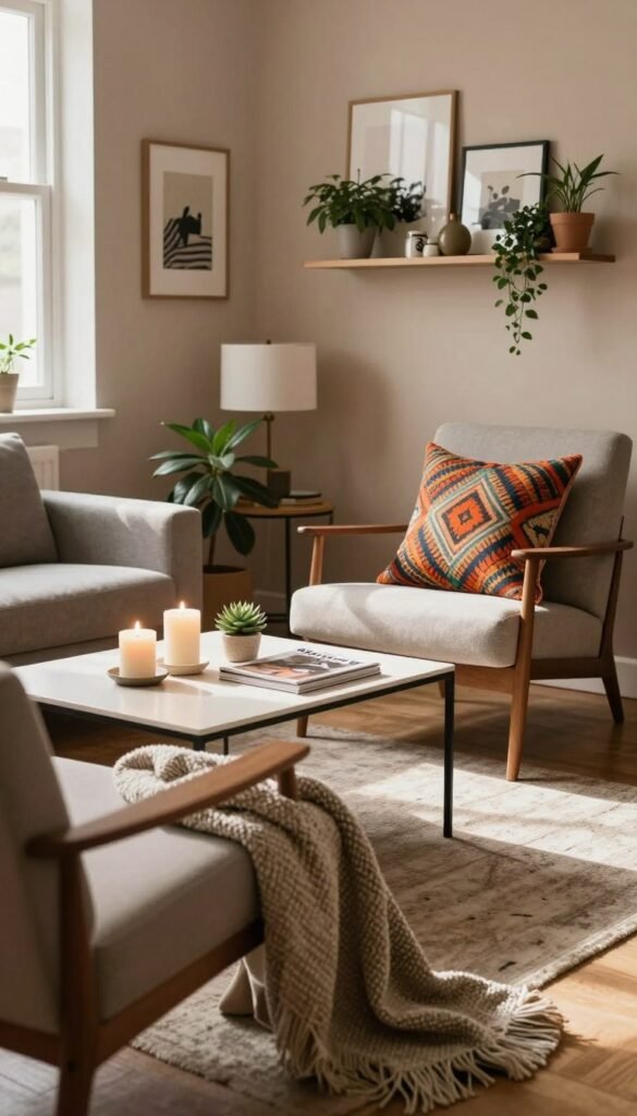 A cozy small living room featuring elegant and modern decor accents by WohnKiste. In the foreground, a soft textured throw drapes over a stylish mid-century modern armchair, complemented by a vibrant, patterned cushion. The middle ground showcases a sleek coffee table adorned with a tasteful arrangement of candles, a small succulent, and a magazine. The background reveals a subtle, warm-toned wall with a mix of art pieces and floating shelves displaying curated plants and stylish decor items, all enhancing the inviting atmosphere. Soft, natural light streams in through a nearby window, casting gentle shadows, while the overall color palette blends earthy tones with pops of color. The setting is free from clutter, embodying comfort without feeling overcrowded, perfect for creating a serene yet impactful aesthetic.