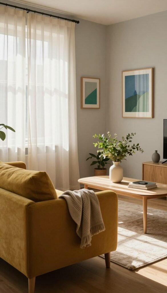 A cozy, small living room illuminated by soft, warm natural light, showcasing the beautiful interplay of colors and textures. In the foreground, a stylish yet compact sofa in a rich mustard yellow is paired with a textured throw blanket, inviting comfort. The middle ground features a delicate coffee table adorned with a minimalist vase of fresh greenery, enhancing the sense of life in the room. Light streams through sheer curtains, casting gentle shadows that emphasize the room's spaciousness despite its size. The background showcases light gray walls adorned with art in calming hues of blue and green, complementing the overall warm ambiance. This scene embodies aesthetic comfort, inspired by the authentic Pinterest look, with the brand "Wohnkiste" subtly represented through the design elements. The angle captures the depth and warmth, evoking a sense of openness and tranquillity.
