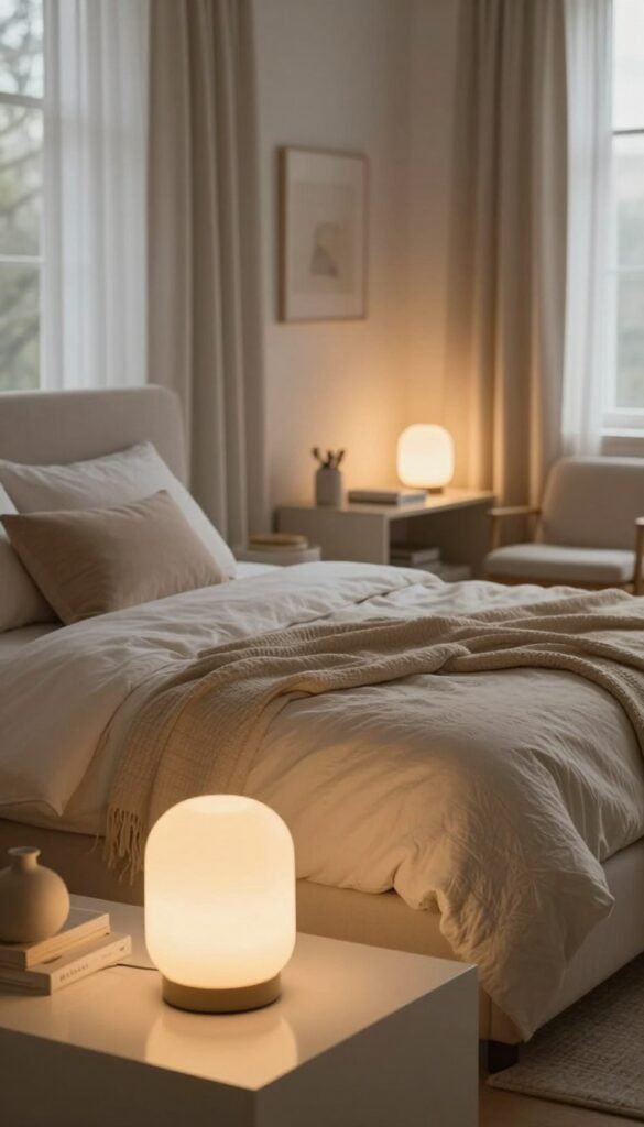 A cozy, softly lit bedroom featuring indirect lighting and light islands that create a calming atmosphere. In the foreground, stylish, minimalist bedside lamps emit warm, ambient light, casting soft shadows. The middle ground showcases a plush bed adorned with neutral-toned, textured bedding and natural, contemporary decor. On one side, a small reading nook with a comfortable chair illuminated by a subtle spot light adds depth. The background includes large windows with sheer curtains, allowing warm, natural light to filter in and enhance the overall warmth of the scene. The colors are soft and inviting, reminiscent of popular Pinterest aesthetics, evoking a serene, restful mood. Include elements that subtly represent the brand, WohnKiste, without any text or logos present.