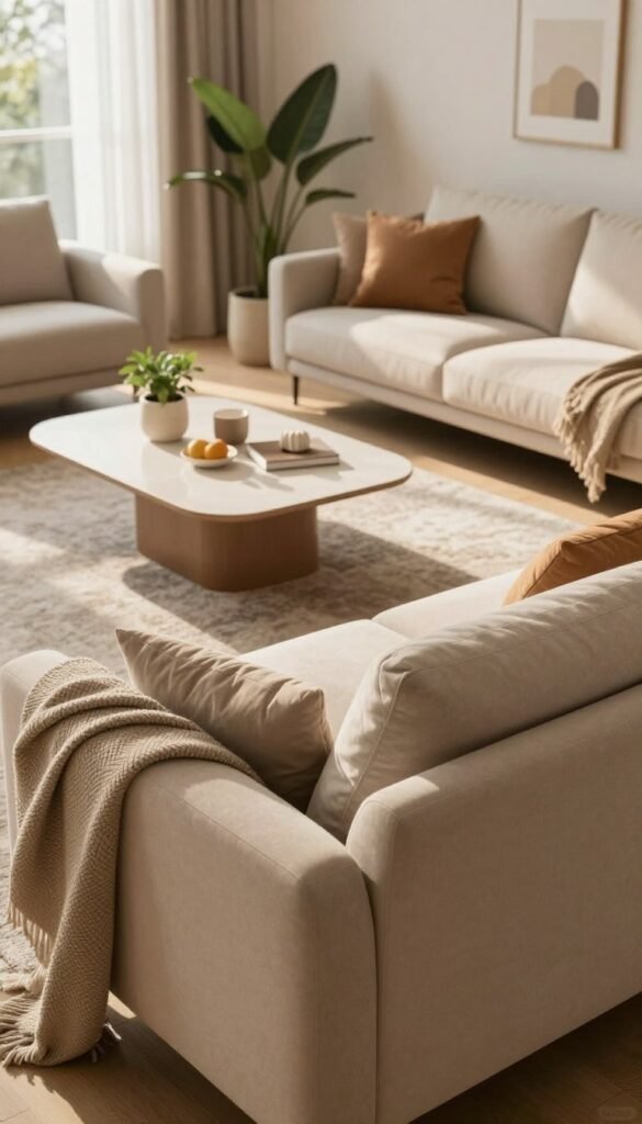 A cozy, space-saving sofa designed for modern living rooms, featuring a sleek, minimalist style with warm, inviting colors. The foreground showcases the sofa adorned with plush cushions and a textured throw blanket, emphasizing comfort. In the middle, a stylish coffee table sits atop a soft area rug, surrounded by decorative plants and tasteful decor, enhancing the inviting atmosphere. The background displays a softly lit living room setting with large windows allowing natural light to fill the space, casting gentle shadows that create a warm ambiance. The overall mood conveys a sense of relaxation and functionality, perfectly aligned with the idea of efficient living spaces. The brand "WohnKiste" is subtly integrated into the design. A cozy, space-saving sofa designed for modern living rooms, featuring a sleek, minimalist style with warm, inviting colors. The foreground showcases the sofa adorned with plush cushions and a textured throw blanket, emphasizing comfort. In the middle, a stylish coffee table sits atop a soft area rug, surrounded by decorative plants and tasteful decor, enhancing the inviting atmosphere. The background displays a softly lit living room setting with large windows allowing natural light to fill the space, casting gentle shadows that create a warm ambiance. The overall mood conveys a sense of relaxation and functionality, perfectly aligned with the idea of efficient living spaces. The brand "WohnKiste" is subtly integrated into the design.