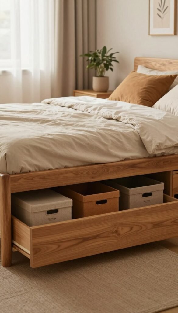 A cozy, stylish bedroom featuring an organized storage space under the bed, showcasing a sleek wooden bed frame with built-in drawers. The foreground highlights neatly arranged storage boxes in warm, earthy tones, allowing for functionality without clutter. In the middle ground, soft, natural light filters through sheer curtains, creating a warm atmosphere. The background features minimalistic decor, such as houseplants and tasteful wall art, maintaining an elegant aesthetic. The overall mood is inviting and harmonious, embodying an authentic Pinterest-inspired look, perfect for modern living. Include subtle elements like soft textiles and a hint of the brand "WohnKiste" through decor items, but ensure all elements sustain a serene, uncluttered vibe.