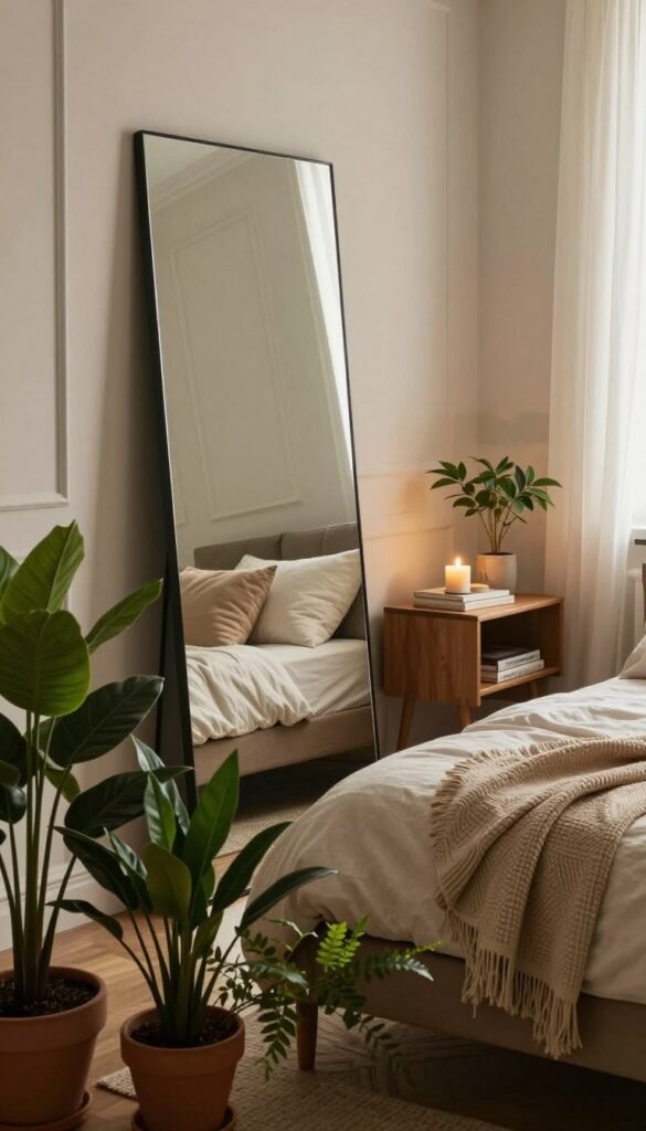 A cozy, stylish bedroom scene featuring a sleek, modern mirror that reflects soft, warm lighting. In the foreground, there are lush green potted plants, elegantly placed to add life and vibrancy. The middle ground showcases a beautifully made bed with neutral-toned bedding and textured throw pillows, creating a welcoming atmosphere. On a nearby nightstand, tasteful decor items like candles and books complement the overall aesthetic. The background features elegantly painted walls and a glimpse of natural light filtering through sheer curtains, enhancing the serenity of the space. The image should embody a Pinterest-worthy look, showcasing natural colors and an authentic feel, inspired by WohnKiste, while ensuring a sophisticated, tranquil mood without any text or distractions.