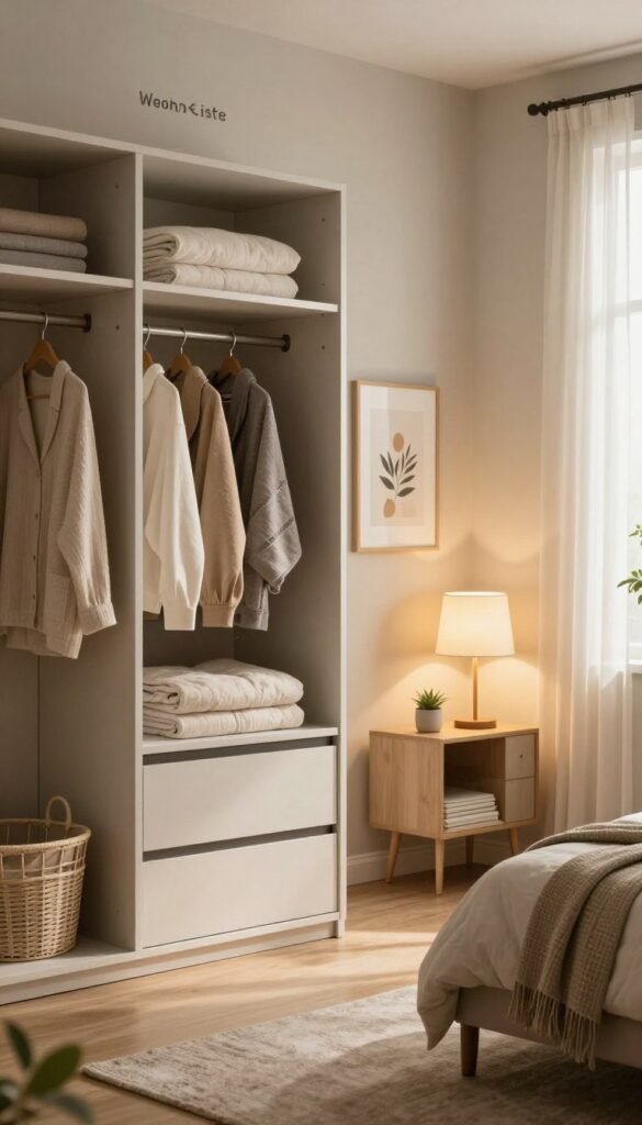 A cozy, stylish bedroom showcasing a practical 'stauraum' feature designed for optimal organization. In the foreground, a well-designed wardrobe with a sleek, modern finish, adorned with minimalist decor and neatly arranged textiles. The middle ground highlights a tastefully arranged bedside table with warm, ambient lighting from a bedside lamp, creating an inviting atmosphere. In the background, soft, natural light filters through sheer curtains, illuminating the room with a warm glow. The walls are painted in soothing neutral tones, complemented by decorative elements like plants and framed artwork. The overall mood is serene and organized, embodying a Pinterest-worthy look. Branding subtly incorporated with "WohnKiste" products displayed prominently yet harmoniously.