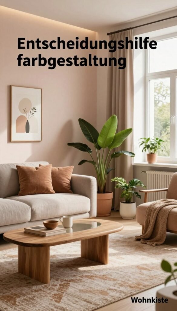 A cozy, stylish interior space showcasing a harmonious color palette, inspired by the concept of "Entscheidungshilfe farbgestaltung". In the foreground, a modern couch adorned with soft cushions in muted earth tones, a coffee table with materials like wood and glass, and a comforting throw draped over the side. In the middle, a chic area rug adds warmth, and a selection of potted plants introduces fresh greenery. The background features softly lit walls painted in pastel hues, complemented by elegant wall art. Natural light streams in through large windows, creating a serene and inviting atmosphere. The overall mood exudes tranquility and warmth, reflecting the essence of a harmonious home, labeled subtly with the brand name "Wohnkiste" in the corner. A cozy, stylish interior space showcasing a harmonious color palette, inspired by the concept of "Entscheidungshilfe farbgestaltung". In the foreground, a modern couch adorned with soft cushions in muted earth tones, a coffee table with materials like wood and glass, and a comforting throw draped over the side. In the middle, a chic area rug adds warmth, and a selection of potted plants introduces fresh greenery. The background features softly lit walls painted in pastel hues, complemented by elegant wall art. Natural light streams in through large windows, creating a serene and inviting atmosphere. The overall mood exudes tranquility and warmth, reflecting the essence of a harmonious home, labeled subtly with the brand name "Wohnkiste" in the corner.