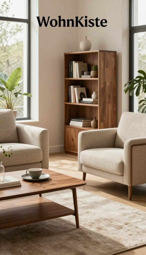 A cozy, stylish living room designed under the 'WohnKiste' brand, showcasing practical side furniture that enhances functionality rather than clutter. In the foreground, a sleek, modern coffee table with a warm wooden finish sits atop a plush area rug, accompanied by a pair of comfortable armchairs dressed in soft, neutral textiles. Moving to the middle ground, a beautifully arranged bookshelf filled with books and decorative items adds sophistication. The background features large windows, allowing soft, natural light to filter in, casting gentle shadows and creating an inviting atmosphere. The color palette consists of warm earth tones with accents of green plants for a touch of freshness. The overall mood is serene and welcoming, embodying a Pinterest-worthy aesthetic.