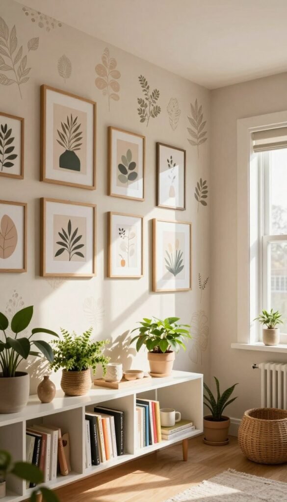 A cozy, stylish living room featuring beautifully decorated walls without the need for painting. In the foreground, a modern, minimalist bookshelf adorned with vibrant plants and decorative items. The middle ground displays various wall treatments such as removable wallpaper, wall decals, and art prints framed in natural wood, emphasizing a DIY, renter-friendly aesthetic. The background reveals a bright, airy window allowing warm, natural light to bathe the room, creating inviting shadows. The atmosphere is serene and harmonious, with a Pinterest-inspired look showcasing earthy tones and soft textures. The brand name "WohnKiste" subtly integrated into the decor without any text, capturing the essence of effortless wall beautification.