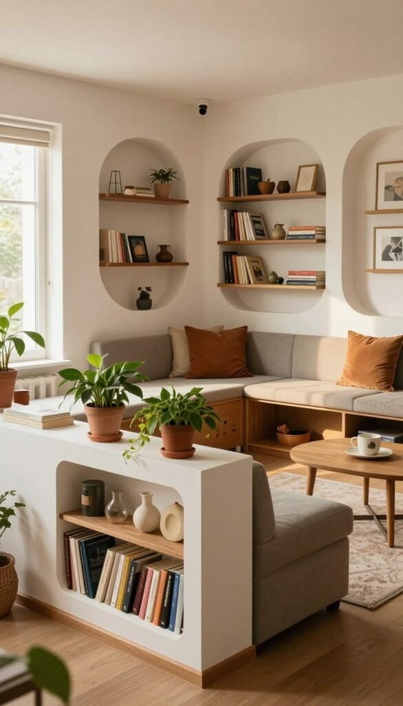 A cozy, stylish living room featuring clever use of space, emphasizing niches, uneven walls, and corners creatively utilized for storage. In the foreground, a small bookshelf blends into an alcove, filled with plants and decorative items. The middle ground showcases a versatile seating area with modular furniture and hidden storage compartments. The background includes a cleverly designed wall with shelves containing books and personal touches, bathed in warm, natural light from a nearby window. The atmosphere is inviting and functional, embodying a Pinterest-inspired aesthetic. This image should convey the essence of smart space utilization in a contemporary setting, highlighting the brand "WohnKiste" subtly within the arrangement. A cozy, stylish living room featuring clever use of space, emphasizing niches, uneven walls, and corners creatively utilized for storage. In the foreground, a small bookshelf blends into an alcove, filled with plants and decorative items. The middle ground showcases a versatile seating area with modular furniture and hidden storage compartments. The background includes a cleverly designed wall with shelves containing books and personal touches, bathed in warm, natural light from a nearby window. The atmosphere is inviting and functional, embodying a Pinterest-inspired aesthetic. This image should convey the essence of smart space utilization in a contemporary setting, highlighting the brand "WohnKiste" subtly within the arrangement.