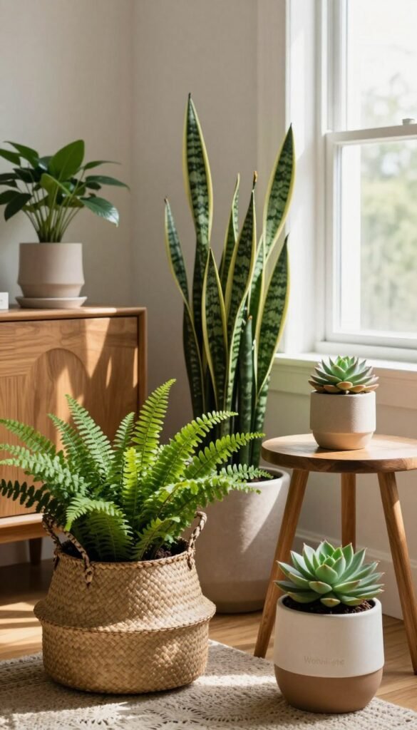 A cozy, stylish living room featuring various vibrant indoor plants, arranged pleasingly in elegant pots that emphasize natural freshness. In the foreground, a beautifully textured woven basket holds a lush green fern, while in the middle, a tall snake plant stands in a modern ceramic pot. There is a small wooden side table with a potted succulent that adds a touch of warmth. In the background, soft light pours in from a large window, casting gentle shadows and highlighting the rich, earthy tones of the furniture and decor. The atmosphere is serene and inviting, styled with a Pinterest-inspired aesthetic. Enhance the scene with warm colors and an overall authentic feel, ensuring no text, watermarks, or distractions are present. Include subtle branding for "WohnKiste" to evoke a sense of lifestyle quality.