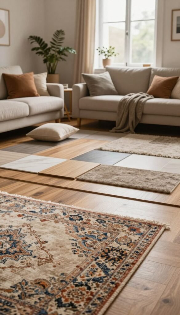 A cozy, stylish living room showcasing diverse flooring materials and rugs by WohnKiste. In the foreground, a plush area rug with intricate patterns lies on wooden flooring, enhancing the warmth of the room. The middle ground features a beautifully arranged seating area with soft cushions, surrounded by various types of flooring samples—laminate, tiles, and carpet—artfully placed to demonstrate their textures and colors. In the background, gentle, warm natural light filters through large windows, creating a welcoming atmosphere. Use a wide-angle lens to capture the entire scene, emphasizing the inviting space. Aim for a Pinterest-inspired aesthetic with natural colors, showcasing the beauty of floor coverings and how they define different areas within the room. The overall mood should be comfortable, stylish, and harmonious.