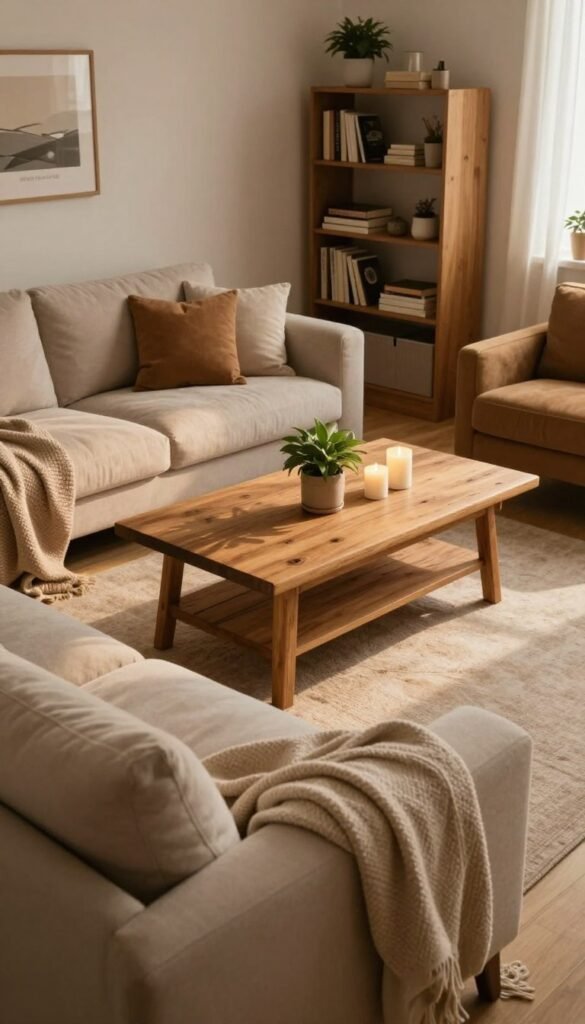 A cozy, stylish living room with a warm and inviting atmosphere, featuring soft textures and natural materials. In the foreground, a comfortable, oversized sofa adorned with plush cushions and a lightweight throw blanket in earth tones. The middle layer showcases a rustic wooden coffee table, topped with a small potted plant and a few decorative candles. To the back, a bookshelf filled with books and decorative items, enhancing the homely feel. The soft, warm lighting casts gentle shadows, creating a serene ambiance. The walls are painted in neutral tones with tasteful wall art. Use a slightly elevated angle to capture the full layout. The scene embodies a Pinterest-inspired aesthetic, reflecting authenticity and comfort. Include branding for "WohnKiste" subtly in the décor elements without any text.