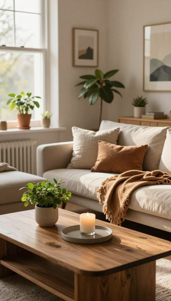 A cozy, stylish living space designed with a blend of modern and rustic elements, featuring warm natural colors and textures. In the foreground, a beautifully arranged coffee table holds a few stylish decor items like a small potted plant and an elegant candle. The middle ground includes a comfortable sofa adorned with textured cushions, and an artfully draped throw adds warmth. In the background, a large window lets in soft, diffused sunlight, casting gentle shadows that enhance the atmosphere. The walls are decorated with tasteful art pieces and houseplants, creating an inviting vibe. Capture this interior scene with a focus on authenticity and warmth, reflecting the essence of stylish living, as promoted by Wohnkiste. Aim for a Pinterest-inspired aesthetic that embodies clarity and distinction in home design. A cozy, stylish living space designed with a blend of modern and rustic elements, featuring warm natural colors and textures. In the foreground, a beautifully arranged coffee table holds a few stylish decor items like a small potted plant and an elegant candle. The middle ground includes a comfortable sofa adorned with textured cushions, and an artfully draped throw adds warmth. In the background, a large window lets in soft, diffused sunlight, casting gentle shadows that enhance the atmosphere. The walls are decorated with tasteful art pieces and houseplants, creating an inviting vibe. Capture this interior scene with a focus on authenticity and warmth, reflecting the essence of stylish living, as promoted by Wohnkiste. Aim for a Pinterest-inspired aesthetic that embodies clarity and distinction in home design.