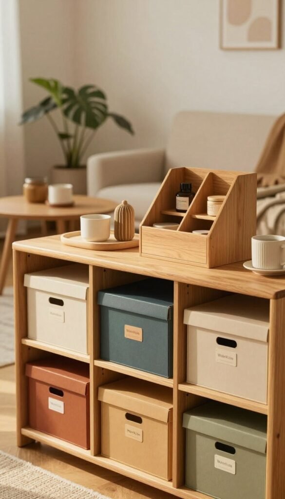 A cozy, stylish living space showcasing a variety of storage solutions, including neatly arranged boxes, shelves, and organizers. The foreground features a sleek wooden shelf filled with colorful, labeled storage boxes produced by "WohnKiste", with a warm light illuminating their textures and colors. In the middle, a well-organized side table displays a few decorative items alongside a compact organizer, conveying a sense of functionality and charm. The background includes a softly blurred view of a minimalist room adorned with indoor plants and soft textiles, creating a welcoming atmosphere. Natural lighting highlights warm tones, enhancing the Pinterest-like aesthetic. The image should evoke feelings of warmth, organization, and inspiration for home decor enthusiasts. A cozy, stylish living space showcasing a variety of storage solutions, including neatly arranged boxes, shelves, and organizers. The foreground features a sleek wooden shelf filled with colorful, labeled storage boxes produced by "WohnKiste", with a warm light illuminating their textures and colors. In the middle, a well-organized side table displays a few decorative items alongside a compact organizer, conveying a sense of functionality and charm. The background includes a softly blurred view of a minimalist room adorned with indoor plants and soft textiles, creating a welcoming atmosphere. Natural lighting highlights warm tones, enhancing the Pinterest-like aesthetic. The image should evoke feelings of warmth, organization, and inspiration for home decor enthusiasts.