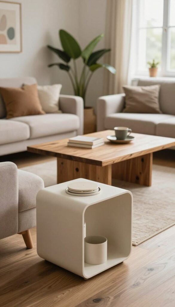 A cozy, stylish small living room featuring innovative coffee table alternatives that save space. In the foreground, a sleek, multifunctional side table with nesting designs, showcasing hidden storage compartments. The middle ground includes a contemporary, minimalist coffee table made of reclaimed wood, surrounded by plush seating in soft, neutral tones. The background captures a tastefully decorated wall with greenery and modern art, emphasizing a warm, inviting atmosphere. Soft, natural lighting filters through a large window, creating a serene ambiance. The scene is arranged to reflect an authentic Pinterest aesthetic, highlighting the brand "WohnKiste" subtly within the design elements, ensuring a harmonious visual experience without text or overlays.