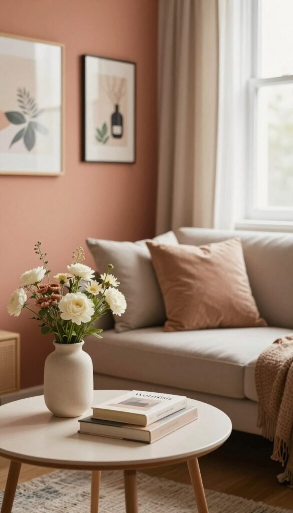 A cozy, stylish small room showcasing effective decoration ideas, emphasizing clever use of space. The foreground features a beautifully arranged small table adorned with a minimalist vase of fresh flowers and a few decorative books. In the middle, a compact sofa with plush cushions sits against a vibrant wall adorned with tasteful artwork, reflecting a Pinterest-inspired aesthetic. The background includes a warm, softly-lit window with sheer curtains, allowing natural light to brighten the space, creating an inviting atmosphere. The overall color palette consists of warm earth tones and soft pastels. The image should convey a sense of homeliness and sophistication, capturing the essence of the brand WohnKiste, without any text or distractions.