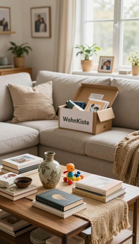 A cozy, sunlit living room filled with various items ready to be sorted for donation, sale, or gifting. In the foreground, a neatly arranged coffee table showcases an array of items, including books, a vintage vase, and toys, all placed on a soft woven table runner. In the middle, a comfy sofa sits adorned with throw pillows, and an open box labeled “WohnKiste” is filled with carefully selected items, reflecting a warm, inviting atmosphere. The background features soft, natural light streaming through a large window, highlighting indoor plants and framed family photos. The overall mood is calm and organized, with a Pinterest-inspired aesthetic that emphasizes a clutter-free lifestyle and the joy of giving.