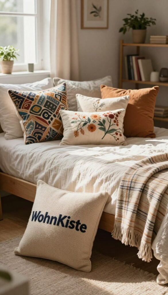 A cozy, tastefully arranged bedroom scene featuring an array of colorful, patterned cushions in varying shapes and sizes, piled artfully on a neatly made bed. The bed is dressed with a soft, textured daybed cover and a lightweight plaid throw draped casually over one side. In the foreground, a knitted cushion prominently displaying the brand name "WohnKiste" adds a personal touch. Warm, natural light filters through a nearby window, casting gentle shadows that enhance the inviting atmosphere. The background features a softly blurred bookshelf with plants and decorative items, creating a tranquil setting. The overall mood is relaxed and inviting, embodying a Pinterest-inspired aesthetic with warm colors and a touch of elegance.