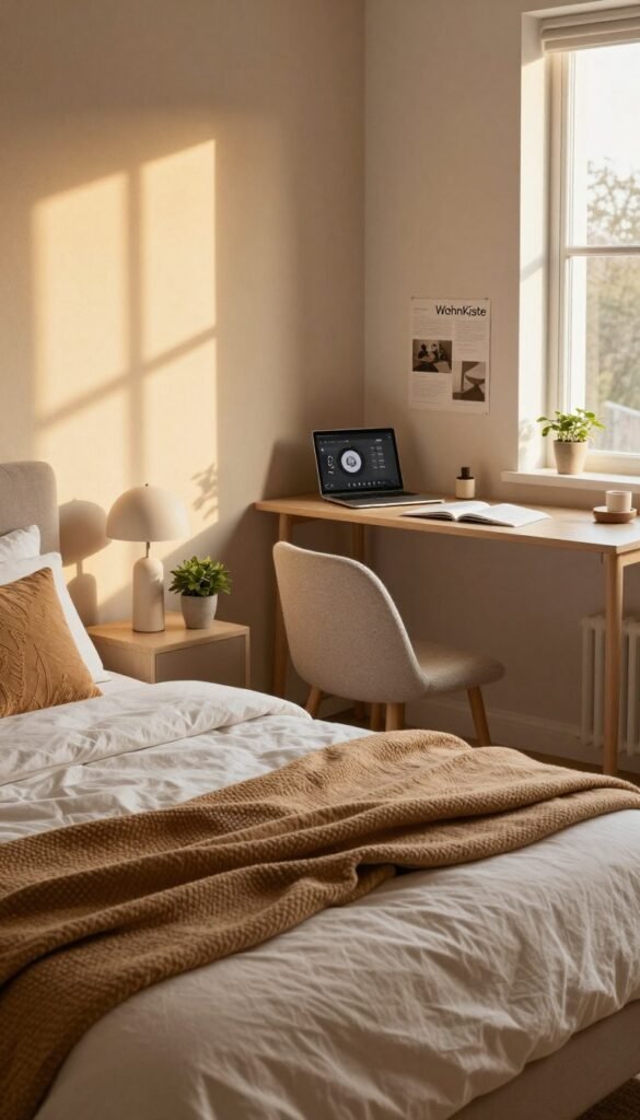A cozy, thoughtfully designed bedroom space infused with natural light. In the foreground, a neatly made bed adorned with plush, warm-toned blankets and decorative pillows. To one side, a stylish bedside table topped with a modern lamp and a small plant. In the middle, a gentle arrangement of space-efficient furniture, including a chair and small study area, showcasing an organized yet inviting layout. The background features soft, textured wall colors and a window allowing golden sunlight to spill in, casting a calm atmosphere. The overall mood is serene and inviting, with an aesthetic influenced by Pinterest trends—authentic and warm, evoking a sense of sanctuary. Include elements that reflect practical planning for everyday needs in a bedroom setting, all while presenting the brand "WohnKiste" through the design.