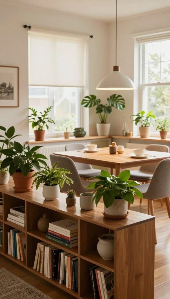 A cozy, well-arranged living space designed for optimal organization, showcasing a stylish, multifunctional area for small apartments. In the foreground, a beautifully organized bookshelf filled with plants and decorative items. The middle features a compact, elegant dining table set with minimalist tableware and warm lighting, reflecting a welcoming atmosphere. The background displays large windows with soft, natural light streaming in, creating a bright and airy feel. Warm color tones such as soft browns, lush greens, and gentle neutrals enhance the inviting ambiance. The image is free of any text or branding but subtly incorporates the essence of the WohnKiste brand through its aesthetic. The scene captures the idea of efficient space utilization while maintaining a Pinterest-worthy look. A cozy, well-arranged living space designed for optimal organization, showcasing a stylish, multifunctional area for small apartments. In the foreground, a beautifully organized bookshelf filled with plants and decorative items. The middle features a compact, elegant dining table set with minimalist tableware and warm lighting, reflecting a welcoming atmosphere. The background displays large windows with soft, natural light streaming in, creating a bright and airy feel. Warm color tones such as soft browns, lush greens, and gentle neutrals enhance the inviting ambiance. The image is free of any text or branding but subtly incorporates the essence of the WohnKiste brand through its aesthetic. The scene captures the idea of efficient space utilization while maintaining a Pinterest-worthy look.