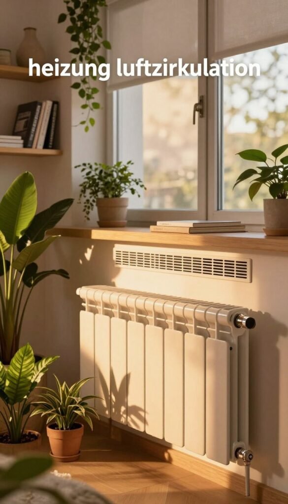 A cozy, well-designed indoor space illustrating "heizung luftzirkulation" with warm colors that evoke comfort. In the foreground, a stylish radiator emits gentle warmth, surrounded by vibrant indoor plants for natural air purification. The midsection features a modern living area with energy-efficient windows letting in soft sunlight, highlighting a practical airflow setup with elegant vents. In the background, shelves decorated with home improvement books and natural decor create an inviting atmosphere. The lighting is soft and warm, reminiscent of late afternoon, casting gentle shadows that enhance the space's ambiance. Capture the essence of efficient heating and air circulation in a manner that aligns with the brand "WohnKiste," emphasizing a harmonious blend of functionality and aesthetics. The overall mood is serene, reflecting warmth, efficiency, and mold prevention, ideal for promoting a healthy home environment.