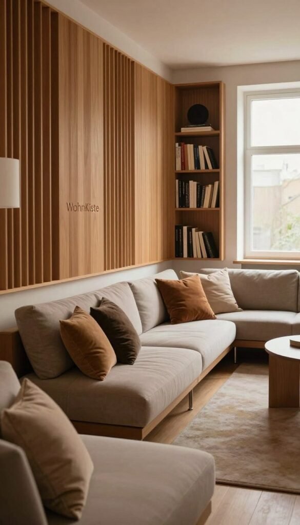 A cozy, well-designed room showcasing elements of Raumakustik, focusing on how sound influences the atmosphere. In the foreground, elegant sound-absorbing panels in warm wood tones line the walls. The middle ground features a modern seating arrangement with plush cushions and soft textiles, creating a sense of comfort and intimacy. A bookshelf filled with books adds an intellectual touch. The background includes a large window letting in soft, natural light, illuminating the room with a warm glow. The overall mood should evoke a sense of calm, inviting viewers to contemplate the importance of acoustics in feeling at home. The composition reflects a Pinterest aesthetic, with an authentic feel and warm colors. Add subtle branding elements of "WohnKiste" to enhance the visual identity. A cozy, well-designed room showcasing elements of Raumakustik, focusing on how sound influences the atmosphere. In the foreground, elegant sound-absorbing panels in warm wood tones line the walls. The middle ground features a modern seating arrangement with plush cushions and soft textiles, creating a sense of comfort and intimacy. A bookshelf filled with books adds an intellectual touch. The background includes a large window letting in soft, natural light, illuminating the room with a warm glow. The overall mood should evoke a sense of calm, inviting viewers to contemplate the importance of acoustics in feeling at home. The composition reflects a Pinterest aesthetic, with an authentic feel and warm colors. Add subtle branding elements of "WohnKiste" to enhance the visual identity.