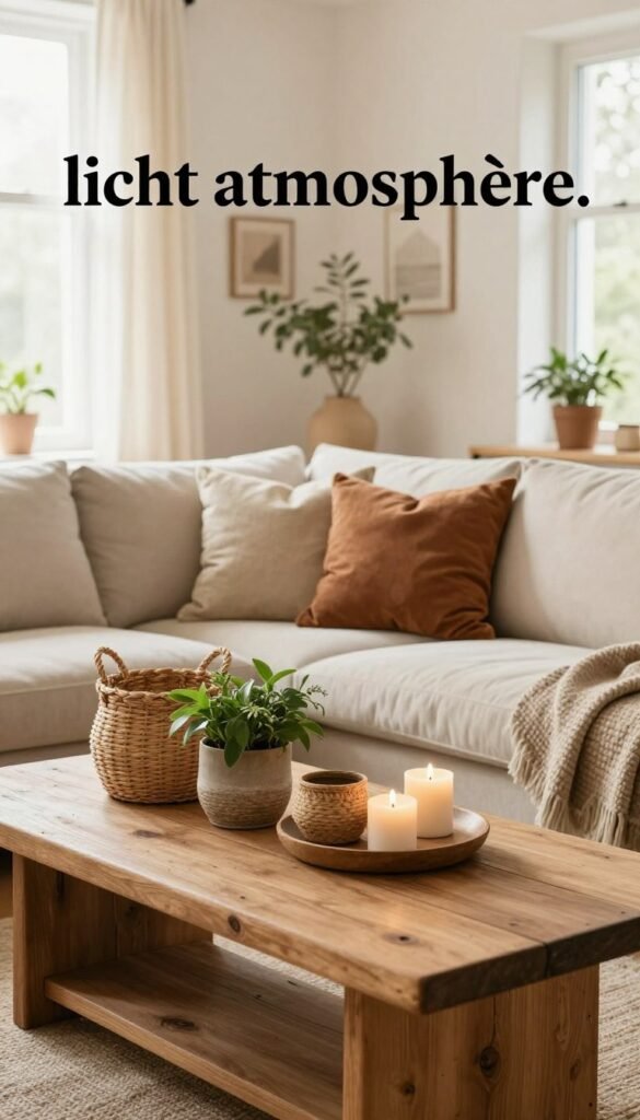 A cozy, well-lit interior scene depicting a harmonious combination of base colors, natural materials, and soft lighting that embodies the essence of "licht atmosphäre." In the foreground, a rustic wooden coffee table displays an arrangement of natural decor items, such as woven baskets, potted plants, and candles. The middle ground features a comfortable sofa adorned with warm-toned cushions and a textured throw, inviting relaxation. In the background, large windows allow natural light to flood in, illuminating soft cream and beige walls. The use of warm colors creates an inviting atmosphere, while delicate shadows add depth. Capture the tranquil, stylish ambiance of a beautifully designed space that reflects the principles of year-round decor planning. This scene should convey authenticity and warmth with a Pinterest-inspired aesthetic, without any text or branding visible, aside from subtle references to "WohnKiste."