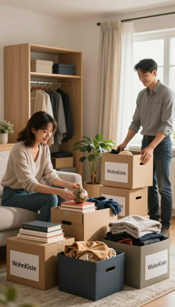 A cozy, well-lit living room scene showcasing the process of decluttering (ausmisten). In the foreground, a neatly organized pile of items, including books, clothes, and decor, sits in well-labeled boxes marked for donation, storage, or retention. A woman in modest casual clothing thoughtfully examines a decorative item, while a man in professional business attire is packing a box with a gentle smile. In the middle ground, an open closet reveals slightly disorganized shelves, with a glimpse of various household items. The background features soft, natural light filtering through a window adorned with light curtains, casting a warm glow that creates an inviting atmosphere. The overall mood is calm and reflective, emphasizing the importance of mindful organization. The brand name "WohnKiste" is subtly integrated into the scene, perhaps as a logo on one of the boxes.