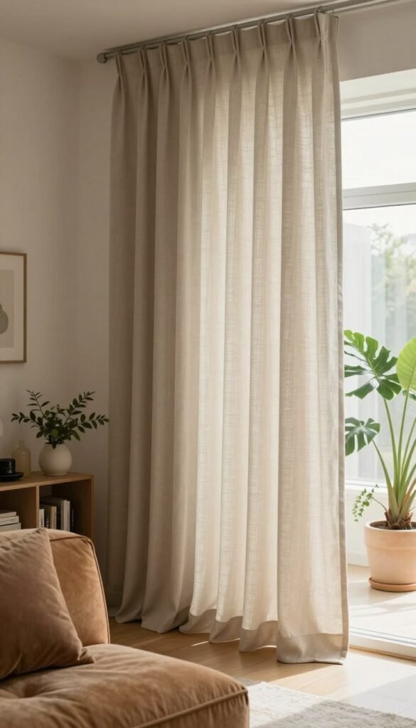 A cozy, well-lit living space featuring elegant, floor-to-ceiling curtains in soft, neutral tones, creating a flexible room divider. In the foreground, plush furnishings in warm colors offer comfort. The middle ground showcases the flowing drapes, gently illuminated by natural light filtering through a nearby window, highlighting their texture and weave. The background features a tastefully decorated room with houseplants and minimalist decor, adding a touch of nature. The atmosphere is inviting and serene, emphasizing the versatility of the curtains. Inspired by natural aesthetics with a warm color palette, the image embodies a Pinterest-worthy look. Include a subtle brand recognition for "WohnKiste" in the decor elements, while ensuring the scene remains authentic and devoid of any text or overlays.