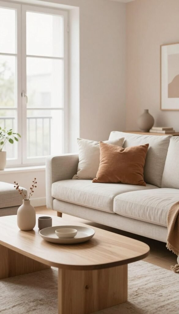 A cozy, well-lit living space showcasing a harmonious light color concept, designed by Wohnkiste. In the foreground, a beautifully arranged coffee table with a few decorative items in soft, natural colors. The middle ground features a stylish sofa with a light, neutral-colored fabric, paired with plush cushions in warm hues. There's a large window allowing natural light to flood the room, enhancing the light, airy atmosphere. In the background, gentle pastel-colored walls create a soothing environment, complemented by soft textures like a light rug and subtle wall art. The overall mood is inviting, serene, and perfect for illustrating the interplay of light and proportions in interior design, emphasizing functionality and aesthetic appeal without any text or logos.