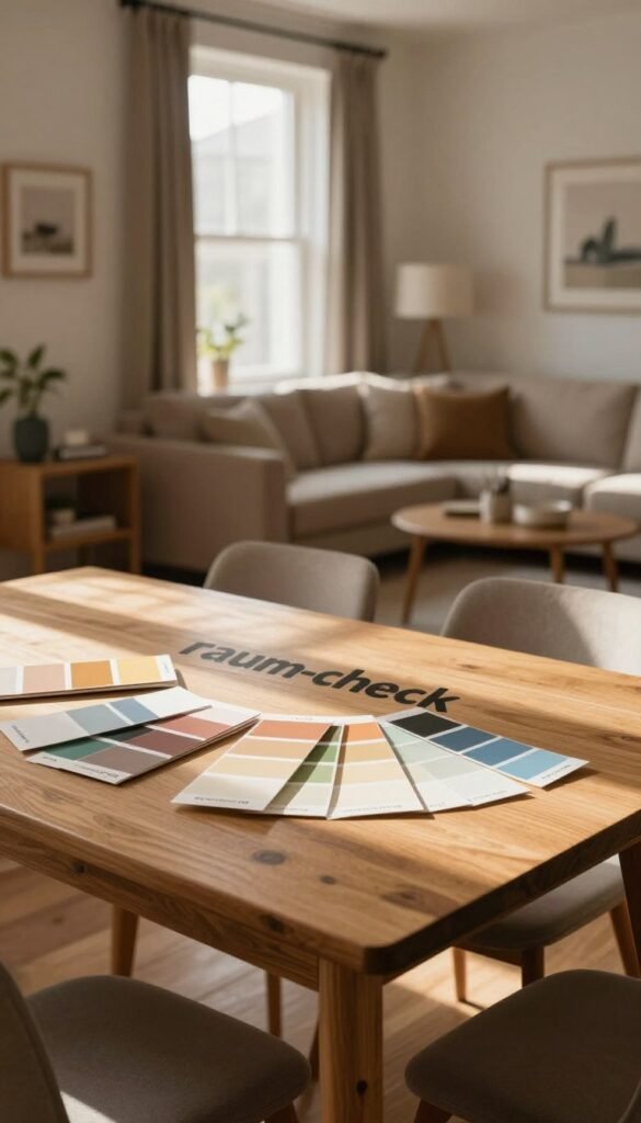 A cozy, well-lit room depicting a thoughtful "raum-check" setting for evaluating light, space, and usage before painting. In the foreground, a stylish wooden table with color swatches and paint samples laid out, symbolizing preparation. In the middle, a window allowing soft, natural sunlight to spill in, casting warm, inviting shadows across the room. The background features a beautifully arranged living area with tastefully selected furniture in warm, muted tones to embody a timeless aesthetic. The atmosphere should be inviting and tranquil, resembling a Pinterest-inspired interior. Incorporate elements that evoke a sense of authentic home life, without any text or logos, while subtly including the brand name "Wohnkiste" in the decor items around the room. Capture this scene with a soft focus, ensuring excellent lighting that highlights the warmth of the colors.