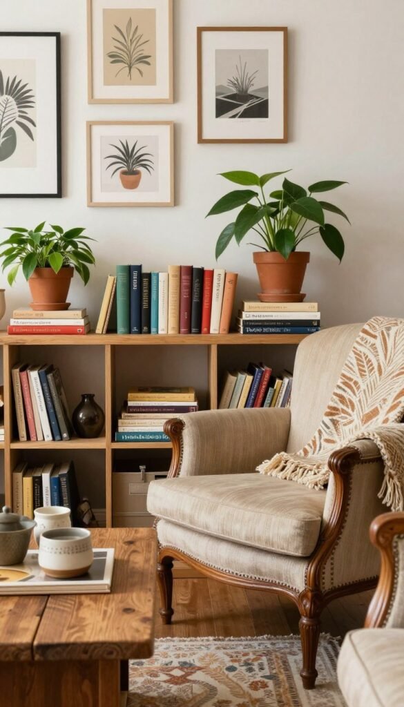 A cozy, well-lit room featuring a stylish selection of second-hand furniture that creates a warm, inviting atmosphere. In the foreground, a chic vintage armchair with soft fabric and a patterned throw sits beside a rustic wooden coffee table adorned with decorative objects. In the middle, a beautifully arranged shelf displays an eclectic mix of second-hand books and plants, exuding a lived-in charm. The background showcases a softly-lit wall with art pieces hung at various heights, contributing to a Pinterest-inspired aesthetic. Use natural lighting to enhance the warm color palette, ensuring a harmonious blend of shades. Avoid any text or branding in the image apart from the subtle appearance of a tag reading "WohnKiste" attached to one piece of furniture. A cozy, well-lit room featuring a stylish selection of second-hand furniture that creates a warm, inviting atmosphere. In the foreground, a chic vintage armchair with soft fabric and a patterned throw sits beside a rustic wooden coffee table adorned with decorative objects. In the middle, a beautifully arranged shelf displays an eclectic mix of second-hand books and plants, exuding a lived-in charm. The background showcases a softly-lit wall with art pieces hung at various heights, contributing to a Pinterest-inspired aesthetic. Use natural lighting to enhance the warm color palette, ensuring a harmonious blend of shades. Avoid any text or branding in the image apart from the subtle appearance of a tag reading "WohnKiste" attached to one piece of furniture.