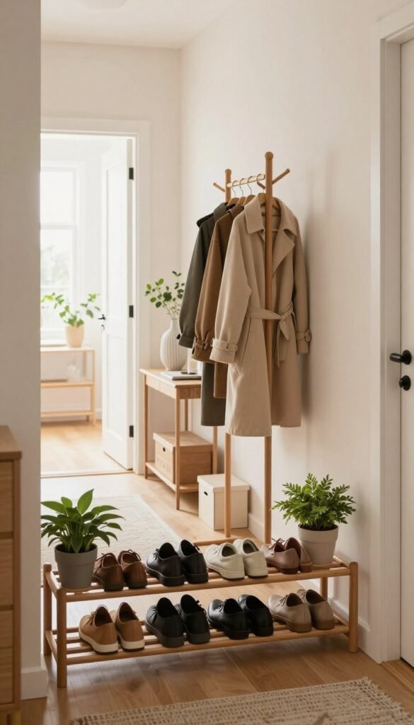 A cozy, well-organized hallway inspired by modern, minimalistic design. In the foreground, a stylish wooden shoe rack neatly displays various pairs of shoes, accented by indoor plants on the sides for a touch of greenery. In the middle ground, a decorative coat stand holds neatly hung winter coats and jackets, while a small console table features a chic vase and a few stylish storage boxes. The background shows the hallway leading to open doors, inviting natural light to flood in, creating a warm and welcoming atmosphere. The image should evoke a sense of order and tranquility, using soft, warm color tones and a Pinterest-worthy aesthetic. The scene is devoid of any text or watermarks, showcasing the brand name "WohnKiste" subtly integrated into the design.