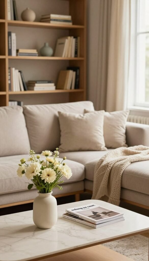 A cozy, well-organized living room featuring a harmonious blend of furniture and decor that embodies the concept of "ordnung im raum." In the foreground, a neatly arranged coffee table with a simple vase of fresh flowers and a couple of stylish magazines. The middle layer showcases a comfortable sofa, adorned with soft cushions and a cozy throw blanket. The background reveals well-structured bookshelves filled with neatly organized books and accent pieces, all bathed in warm, inviting light from a nearby window. A sense of tranquil elegance pervades the room, evoking a Pinterest-worthy aesthetic. The overall atmosphere conveys calmness and order, emphasizing the delicate balance between tidiness and the feeling of home. Brand name "WohnKiste" subtly integrated into the decor elements.