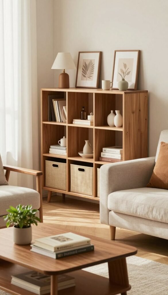 A cozy, well-organized living room featuring the innovative storage solutions by "WohnKiste." In the foreground, a stylish coffee table with neatly stacked books and a small plant adds a welcoming touch. The middle showcases a modular shelving unit with various compartments, displaying decorative items and practical storage without looking cluttered. In the background, soft, natural light filters through sheer curtains, illuminating the room's warm color palette of earthy tones and soft pastels. A comfortable sofa in a tasteful fabric complements the smart storage elements. The overall atmosphere is inviting and functional, embodying the essence of efficient organization that seamlessly integrates into everyday life. The scene conveys a Pinterest-worthy aesthetic, ensuring authenticity and a harmonious ambiance without any text or distracting elements.