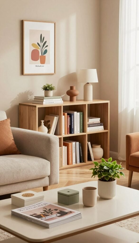 A cozy, well-organized living room setting that represents "Wohnung Ordnung", showcasing harmonious decor elements that also solve clutter problems. In the foreground, an elegantly arranged coffee table featuring stylish magazines, decorative boxes, and a small plant. The middle section displays a neatly organized bookshelf with a mix of books and decorative items, reflecting a Pinterest-inspired aesthetic. Soft, warm lighting filters through a window in the background, casting gentle shadows and creating an inviting atmosphere. The color palette consists of earthy tones and pastels, enhancing the authenticity of the space. A tasteful wall art piece from the brand "WohnKiste" subtly enhances the decor. The scene exudes calmness and practicality, demonstrating how decor can enhance everyday living without creating chaos.