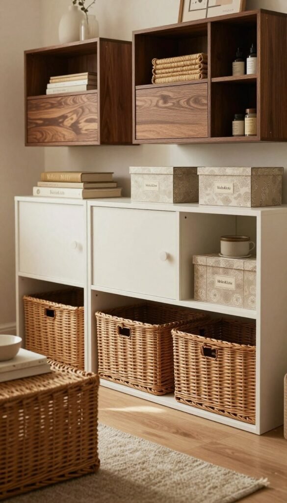 A cozy, well-organized living space featuring stylish storage solutions aligned with different budget options. In the foreground, showcase elegant, low-budget storage ideas like wicker baskets and simple shelving, exuding a warm, inviting atmosphere. In the middle ground, display mid-range options such as contemporary cabinets and decorative boxes, highlighted by soft, natural light that creates a comfortable ambiance. The background features high-end, luxurious display units with rich textures and colors, enhancing the sense of sophistication. Use a slightly angled lens view to create depth and a Pinterest-inspired aesthetic. The overall mood is peaceful and harmonious, emphasizing the theme of practical yet aesthetically pleasing storage solutions with the brand name "WohnKiste" subtly incorporated into the design elements. A cozy, well-organized living space featuring stylish storage solutions aligned with different budget options. In the foreground, showcase elegant, low-budget storage ideas like wicker baskets and simple shelving, exuding a warm, inviting atmosphere. In the middle ground, display mid-range options such as contemporary cabinets and decorative boxes, highlighted by soft, natural light that creates a comfortable ambiance. The background features high-end, luxurious display units with rich textures and colors, enhancing the sense of sophistication. Use a slightly angled lens view to create depth and a Pinterest-inspired aesthetic. The overall mood is peaceful and harmonious, emphasizing the theme of practical yet aesthetically pleasing storage solutions with the brand name "WohnKiste" subtly incorporated into the design elements.