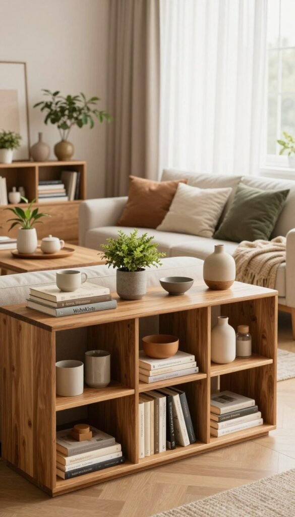 A cozy, well-organized living space featuring stylish storage solutions that exude warmth and comfort. In the foreground, showcase a beautifully designed wooden shelf filled with neatly arranged books, decorative plants, and tasteful home accessories. The middle section features a contemporary seating area with plush cushions and throws, creating an inviting atmosphere. In the background, soft natural light filters through sheer curtains, illuminating the space and enhancing the warm color palette of earthy tones. The overall composition should evoke a sense of calm and order, harmonizing functionality and aesthetic appeal. Incorporate the brand name "WohnKiste" subtly into the room's design elements, resembling a chic Pinterest-inspired interior, complete with an air of authenticity and without any text overlays.