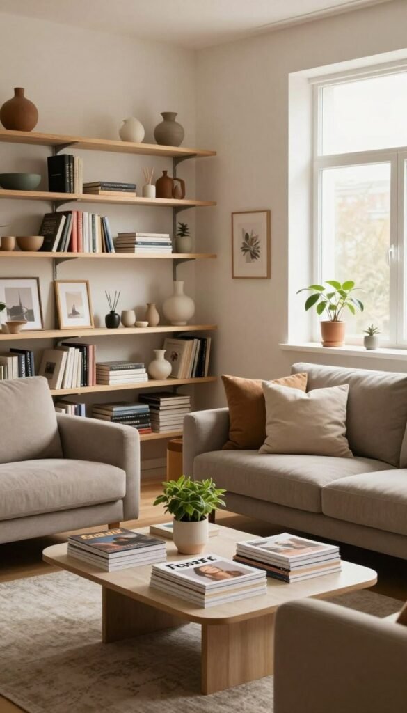 A cozy, well-organized living space inspired by the "Fester Platz" principle, featuring a beautifully arranged room that promotes order and functionality. In the foreground, there is a stylish coffee table adorned with neatly stacked magazines and a small plant, surrounded by two armchairs in soft, muted colors. In the middle, a comfortable couch with cushions creates an inviting atmosphere, while shelves on the wall contain organized books and decorative items. The background shows a large window allowing warm, natural light to flood the room, enhancing the soft hues of the decor. The overall mood is serene and harmonious, perfect for illustrating the concept of orderly living. Ensure a Pinterest aesthetic, with authentic elements and no text or branding visible. Include a subtle reference to "WohnKiste" through tasteful decor items that reflect modern simplicity.