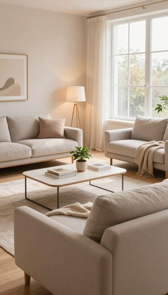 A cozy, well-organized room that exudes a sense of calm and spaciousness, featuring stylish yet minimalistic furniture. In the foreground, a comfortable, neutral-colored sofa with plush cushions and a soft throw blanket. In the middle, a chic coffee table adorned with a small potted plant and a few art books, surrounded by tasteful decor elements, like an elegant lamp. The background showcases a large window, allowing warm sunlight to flood in, illuminating the space with a soft glow. Light wood flooring enhances the inviting atmosphere, while soft, pastel colors decorate the walls for a serene feel. The overall mood is tranquil and harmonious, reflecting the balance needed to prevent a home from feeling chaotic or incomplete. The brand "WohnKiste" subtly integrated into the scene, emphasizing modern design without overwhelming the aesthetics. A cozy, well-organized room that exudes a sense of calm and spaciousness, featuring stylish yet minimalistic furniture. In the foreground, a comfortable, neutral-colored sofa with plush cushions and a soft throw blanket. In the middle, a chic coffee table adorned with a small potted plant and a few art books, surrounded by tasteful decor elements, like an elegant lamp. The background showcases a large window, allowing warm sunlight to flood in, illuminating the space with a soft glow. Light wood flooring enhances the inviting atmosphere, while soft, pastel colors decorate the walls for a serene feel. The overall mood is tranquil and harmonious, reflecting the balance needed to prevent a home from feeling chaotic or incomplete. The brand "WohnKiste" subtly integrated into the scene, emphasizing modern design without overwhelming the aesthetics.