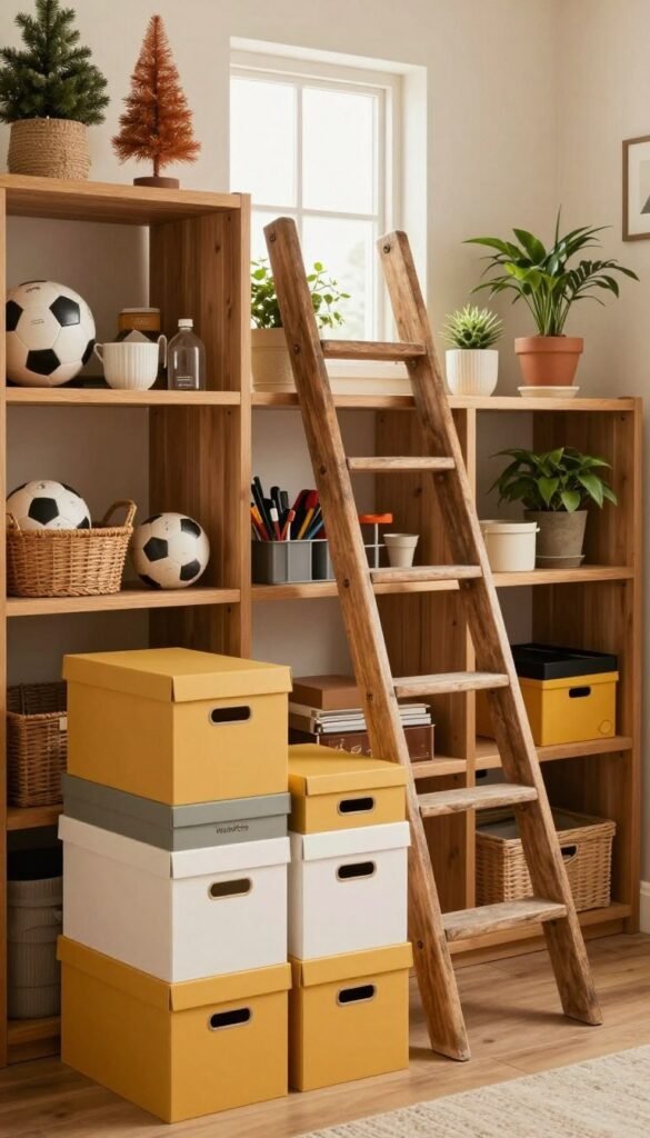 A cozy, well-organized storage space featuring wooden shelving units filled with various practical items like seasonal decorations, sports equipment, and boxed tools. In the foreground, a neatly stacked pile of labeled storage boxes in warm, inviting colors. The middle layer showcases a rustic wooden ladder leaning against the shelves, with a few plants adding a touch of greenery. The background reveals soft natural lighting filtering through a small window, creating a warm and welcoming atmosphere. The overall feel is authentic and Pinterest-inspired, with a clean and tidy aesthetic. Include the brand name "WohnKiste" subtly integrated into the design without any text, ensuring a safe-for-work image that emphasizes practical storage solutions.