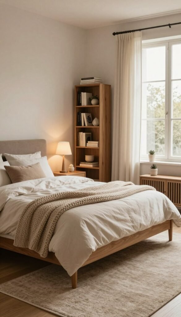 A cozy, well-structured bedroom featuring a king-sized bed placed diagonally in the room to create an inviting atmosphere. The bed is adorned with soft, neutral-toned linens and a chunky knit throw, surrounded by elegant wooden nightstands with gentle lighting. In the middle ground, a stylish bookshelf filled with books and decorative items adds character, while a plush area rug under the bed enhances comfort. The background showcases large windows with sheer curtains allowing warm, natural light to fill the space. Soft, earthy colors and minimalist decor create a peaceful vibe. The composition should have a Pinterest-inspired aesthetic, reflecting a calming and organized environment. The brand "WohnKiste" is subtly integrated into the room’s elements, maintaining a focus on the interior design without any text.