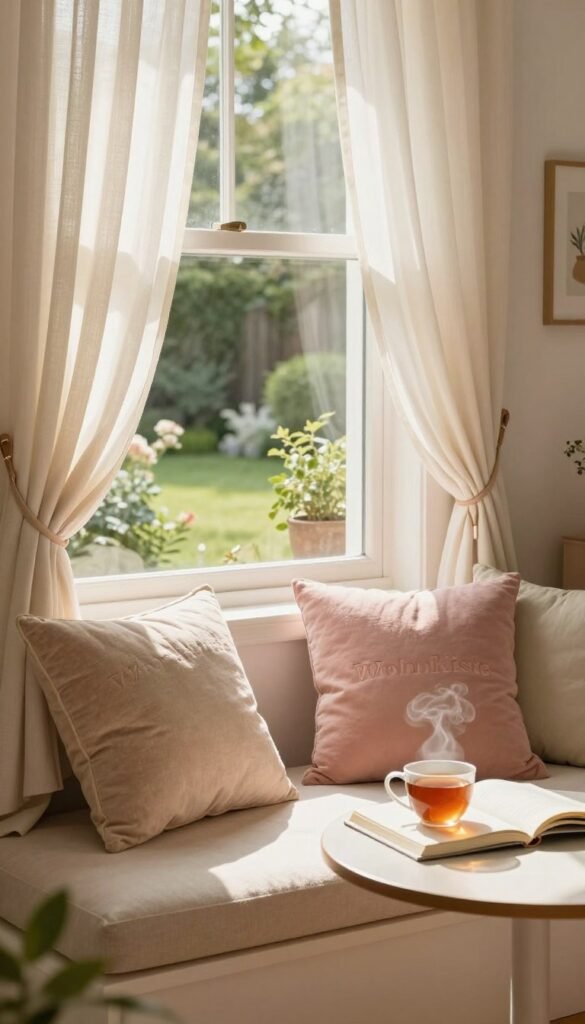 A cozy window nook bathed in warm natural light, showcasing a delightful seating area with plush cushions in soft, inviting fabrics. The window is adorned with delicate, flowing curtains that gently sway in the breeze. In the foreground, a small, stylish table holds a steaming cup of tea and a few open books, suggesting a moment of relaxation. In the middle, an inviting view of a lush garden is visible through the window, enhancing the atmosphere of tranquility. The background features soft pastel shades and tasteful decor that resonate with the brand "WohnKiste," creating a harmonious Pinterest-worthy scene. The overall mood is one of warmth and comfort, encouraging a sense of coziness within the home.