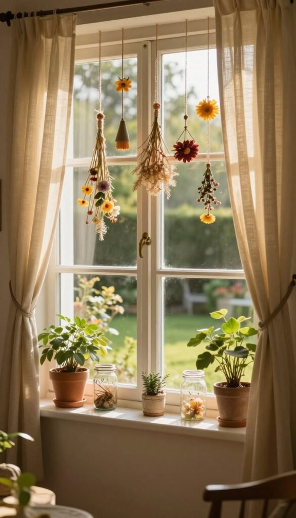 A cozy window scene showcasing "fensterdeko" that creatively utilizes daylight, framed by soft curtains with gentle sunlight streaming in, casting warm golden hues across the room. In the foreground, colorful hanging decorations made from natural materials, like dried flowers and twine, sway gently in the sunlight. The middle ground features a stylish window frame adorned with potted plants and decorative glass jars that catch the light. The background reveals a soft-focus view of a serene outdoor garden filled with greenery, enhancing the atmosphere of tranquility and warmth. Capture the essence of a Pinterest-worthy home decor aesthetic, emphasizing authenticity and warmth with an inviting, peaceful feel. No text or logos visible, except for a subtle representation of the brand "WohnKiste" on a decorative element within the scene.