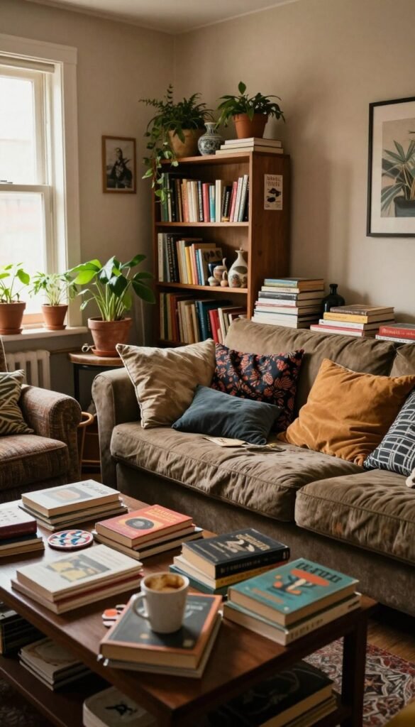 A cozy, yet chaotic living space reflecting a sense of unease in home decor. In the foreground, a cluttered coffee table scattered with books, a half-empty cup, and mismatched coasters. The middle ground features a disheveled sofa with cushions in different patterns and colors, and an unbalanced bookshelf laden with haphazardly arranged knickknacks. In the background, a window streams warm, natural light into the room, illuminating soft, earthy tones on the walls. Potted plants add a touch of life, but the overall atmosphere feels slightly overwhelming as different styles clash. The image evokes feelings of confusion and a longing for harmony in one's living space, capturing the essence of "Wohnkiste" with a warm Pinterest-like aesthetic. No text or branding overlays. A cozy, yet chaotic living space reflecting a sense of unease in home decor. In the foreground, a cluttered coffee table scattered with books, a half-empty cup, and mismatched coasters. The middle ground features a disheveled sofa with cushions in different patterns and colors, and an unbalanced bookshelf laden with haphazardly arranged knickknacks. In the background, a window streams warm, natural light into the room, illuminating soft, earthy tones on the walls. Potted plants add a touch of life, but the overall atmosphere feels slightly overwhelming as different styles clash. The image evokes feelings of confusion and a longing for harmony in one's living space, capturing the essence of "Wohnkiste" with a warm Pinterest-like aesthetic. No text or branding overlays.
