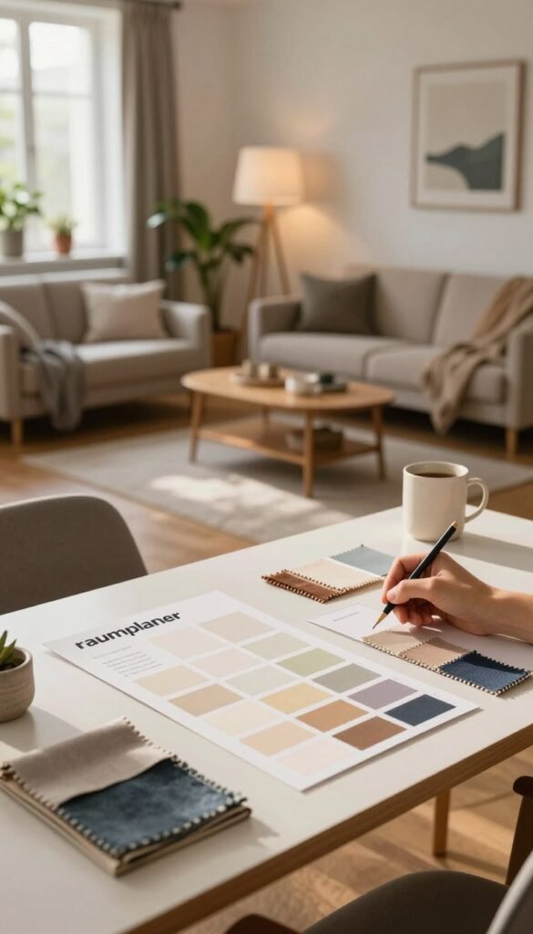 A creative workspace featuring a "raumplaner" from the brand WohnKiste, designed to display elements of easy room design. In the foreground, showcase a stylish modern desk with organized design materials like color swatches and fabric samples, illuminated by warm, natural light from a nearby window. In the middle, include a well-designed living room setup with cozy furniture arranged for optimal flow, featuring a soft couch, trendy lighting fixtures, and indoor plants. In the background, softly blurred elements of additional rooms, highlighting the versatility of the space. The overall ambiance should evoke a sense of inspiration and warmth, with a Pinterest-like aesthetic, surrounded by natural and inviting colors. No text or branding visible in the image. A creative workspace featuring a "raumplaner" from the brand WohnKiste, designed to display elements of easy room design. In the foreground, showcase a stylish modern desk with organized design materials like color swatches and fabric samples, illuminated by warm, natural light from a nearby window. In the middle, include a well-designed living room setup with cozy furniture arranged for optimal flow, featuring a soft couch, trendy lighting fixtures, and indoor plants. In the background, softly blurred elements of additional rooms, highlighting the versatility of the space. The overall ambiance should evoke a sense of inspiration and warmth, with a Pinterest-like aesthetic, surrounded by natural and inviting colors. No text or branding visible in the image.