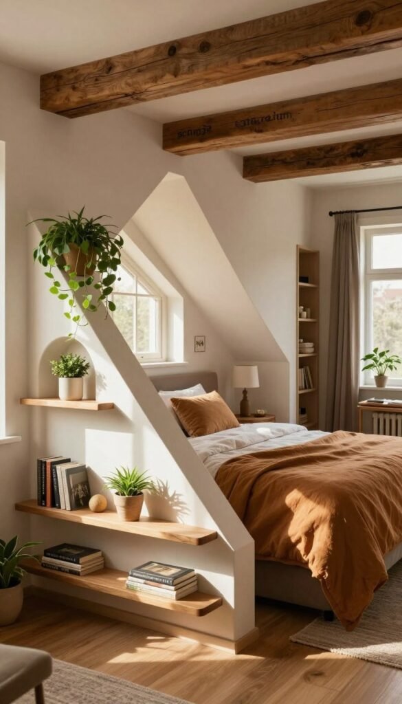 A creatively designed corner of a cozy bedroom featuring "schräge stauraum" that utilizes sloped walls and niches effectively. In the foreground, stylish wooden shelves are integrated into the slanted wall space, adorned with decorative plants and books. The middle ground showcases a plush bed with warm-toned linens, harmonizing with rustic wooden beams overhead. Sunlight filters through a large, vintage window, casting soft shadows and warm highlights throughout the room, enhancing the inviting atmosphere. The background includes hints of a stylish wardrobe and a small reading nook, all harmonizing with the overall aesthetic. The image should reflect a Pinterest-inspired design, emphasizing authenticity and natural colors, avoiding text overlays or branding, except for "WohnKiste" subtly blended into the scene.