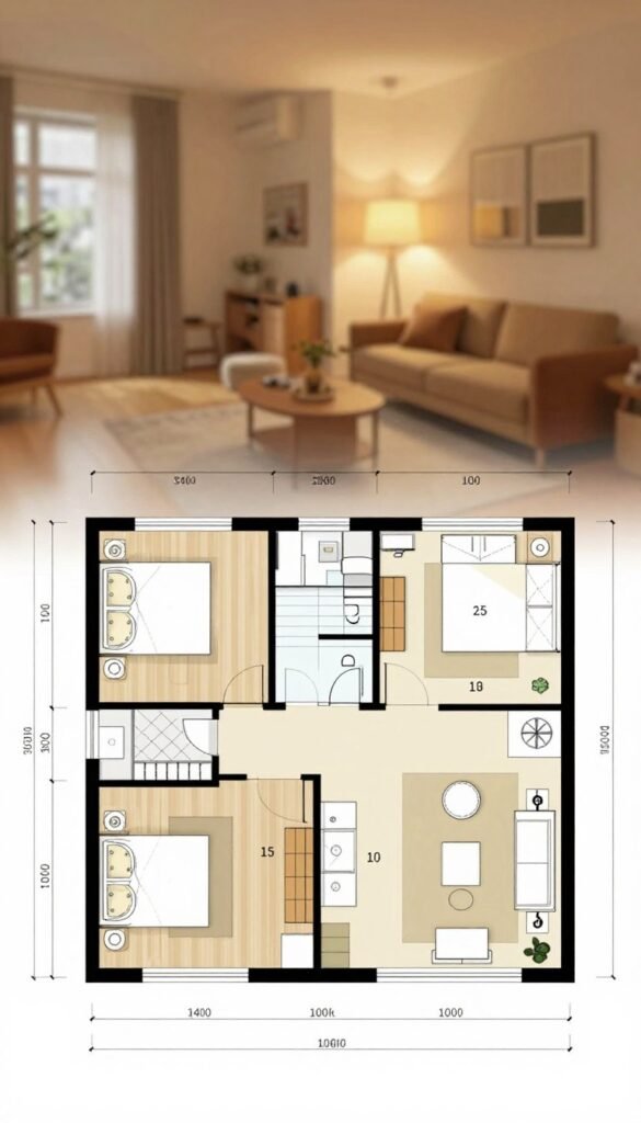 A detailed floor plan layout showcasing optimal dimensions and spatial arrangements for effective room design. In the foreground, emphasize elements like furniture placement and room measurements with clear articulation. The middle ground features architectural details such as windows and door placements, all in a warm color palette that reflects a natural, inviting atmosphere. The background should depict a softly lit room that embodies comfort and modern aesthetics, enhancing the overall design theme. Use warm lighting to create a cozy mood, with an emphasis on authenticity and a Pinterest-like aesthetic. The floor plan should be presented in a clean manner, without any text, ensuring it conveys the essence of "WohnKiste".