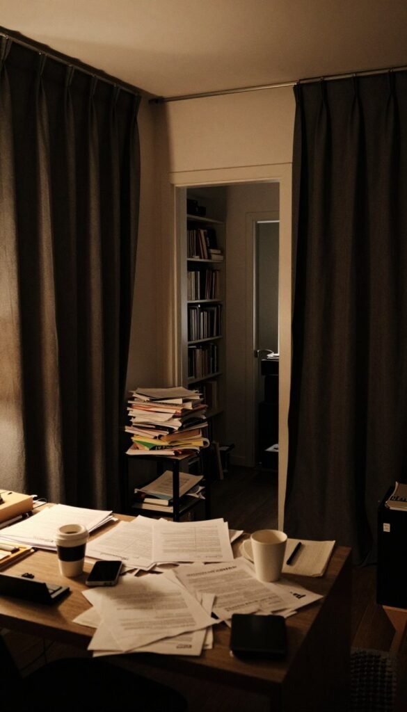 A dimly lit room that conveys a sense of confinement and chaos, featuring heavy, dark curtains that block natural light, creating an overall gloomy atmosphere. In the foreground, a cluttered workspace with scattered papers and a few empty coffee cups highlights the feeling of disorganization. The middle ground features a small table with an overloaded bookshelf, while the background shows a narrow doorway leading to an equally cramped hallway, emphasizing the oppressive environment. Utilize warm, muted colors to evoke feelings of unease, with soft overhead lighting casting shadows that enhance the room's cramped feeling. Aim for a Pinterest-inspired aesthetic that feels both realistic and authentically lived-in. Focus on the concept of space and its emotional impact, incorporating elements that reflect the brand "WohnKiste".